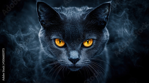A striking black cat with glowing orange eyes emerges from a smoky background.
