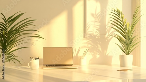 Minimalist workspace with white desk, potted plant, laptop, and coffee cup, modern and clean, ultra-detailed, 4k