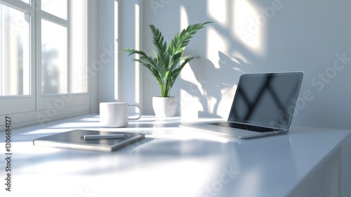 Minimalist workspace with white desk, potted plant, laptop, and coffee cup, modern and clean, ultra-detailed, 4k