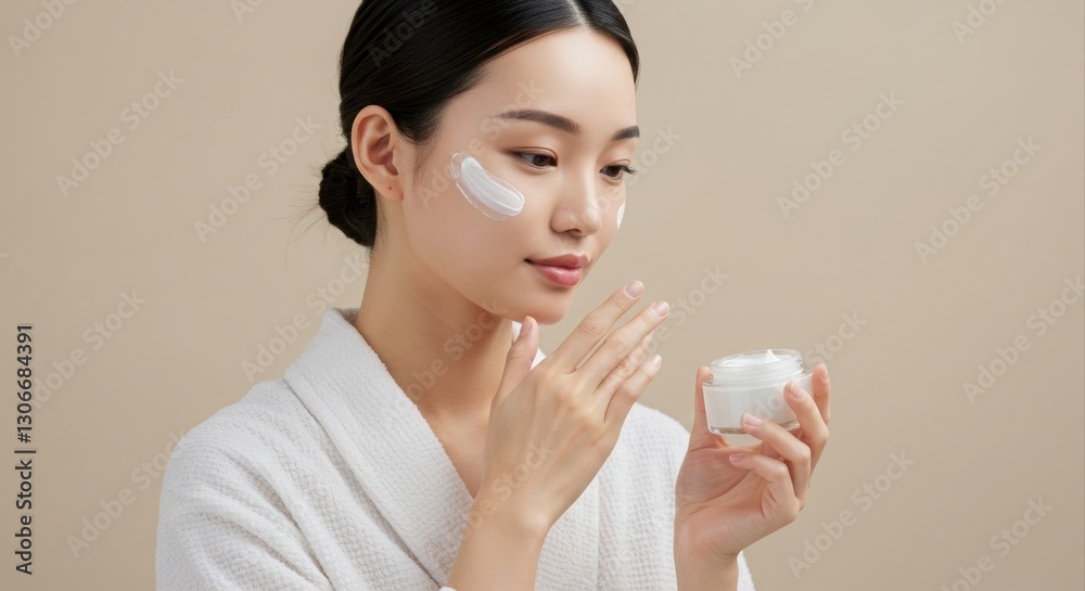 Woman applying facial cream. Woman applying facial cream.