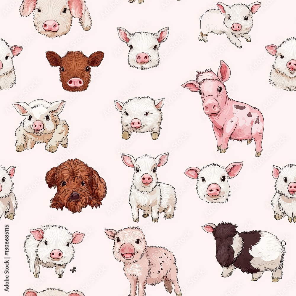 Fototapeta premium Seamless animal pattern wallpaper for decoration farm theme background cute piglets and calves playful design