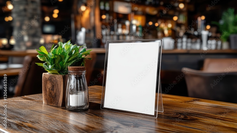 An elegant restaurant table setting with sign and decor displayed clearly An elegant restaurant table setting with sign and decor displayed clearly