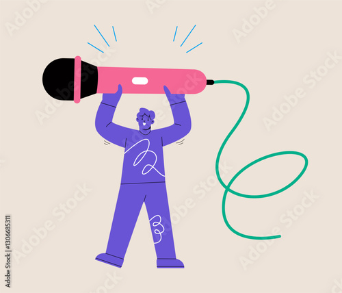 Man holding microphones big. Colorful vector illustration