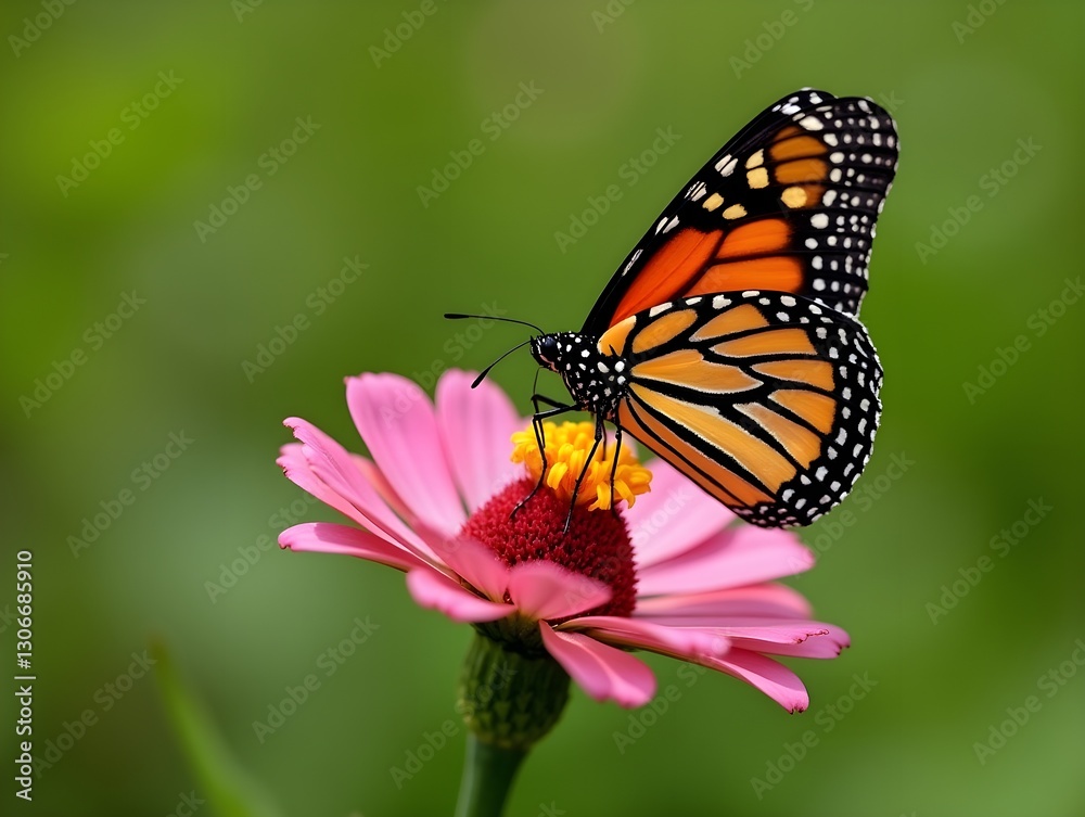 A monarch butterfly is sitting on a pink flower A monarch butterfly is sitting on a pink flower