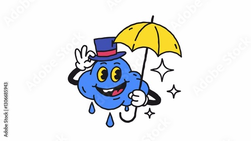Cloud holding umbrella holding hat and smiles. Transparent background