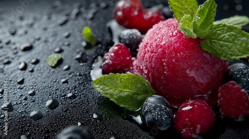 Mixed berry sorbet with mint leaves, cool and refreshing, ultra-detailed, 8k