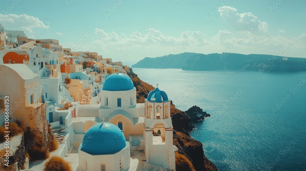 Obraz premium Breathtaking view of santorini's iconic whitewashed buildings overlooking the aegean sea