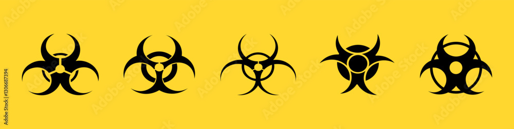 Set of Black Hazard Symbols – Radiation, Biohazard, Toxicity Signs on Yellow Background