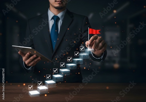 Businessman achieving goals with digital checklist and red flag.