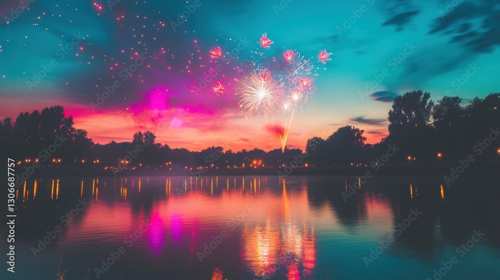 Fireworks illuminate night sky reflection over tranquil lake Fireworks illuminate night sky reflection over tranquil lake