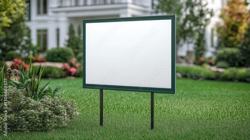 Fototapeta premium A blank sign stands in a lush green grassy garden