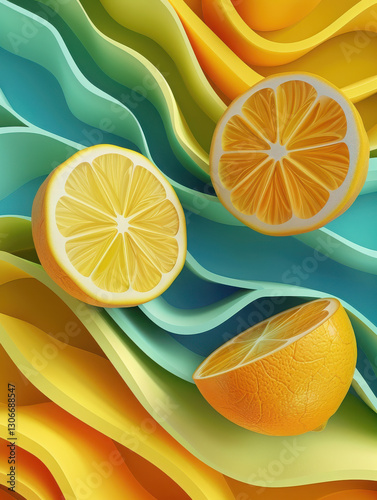A vibrant composition featuring sliced lemons against a colorful, wavy background.