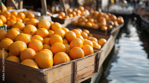 A vibrant display of fresh oranges in wooden crates by a waterway.