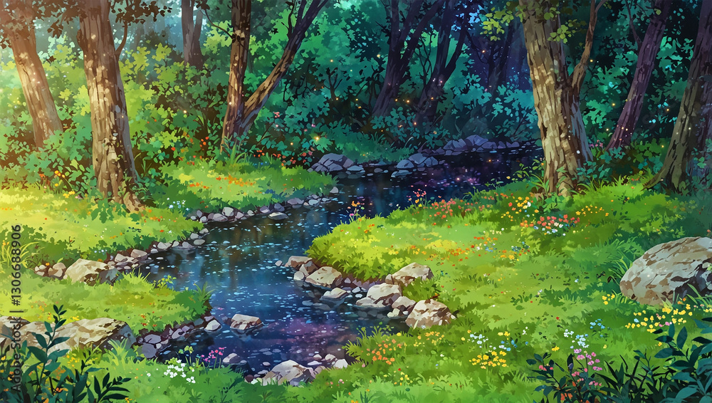 Obraz premium anime style background, forest with fireflies