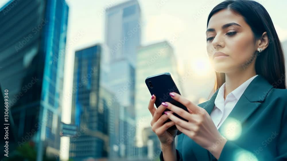 A serious Caucasian businesswoman with a smartphone in the center of the city's business district. This serious woman embraces her role, driving success in the busy district. A serious Caucasian businesswoman with a smartphone in the center of the city's business district. This serious woman embraces her role, driving success in the busy district.