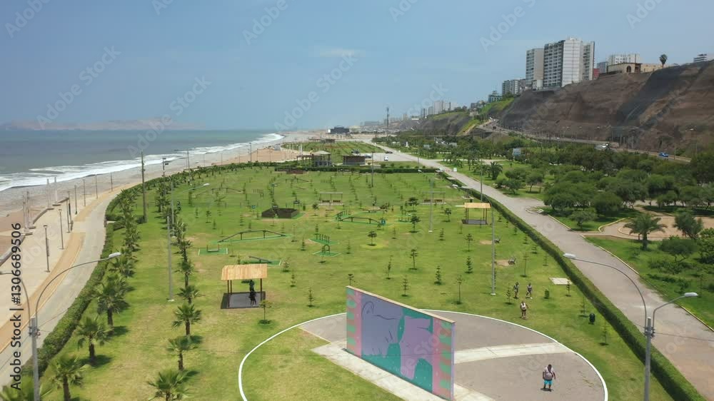 Green park with sports fields next to the beach in miraflores, lima, peru