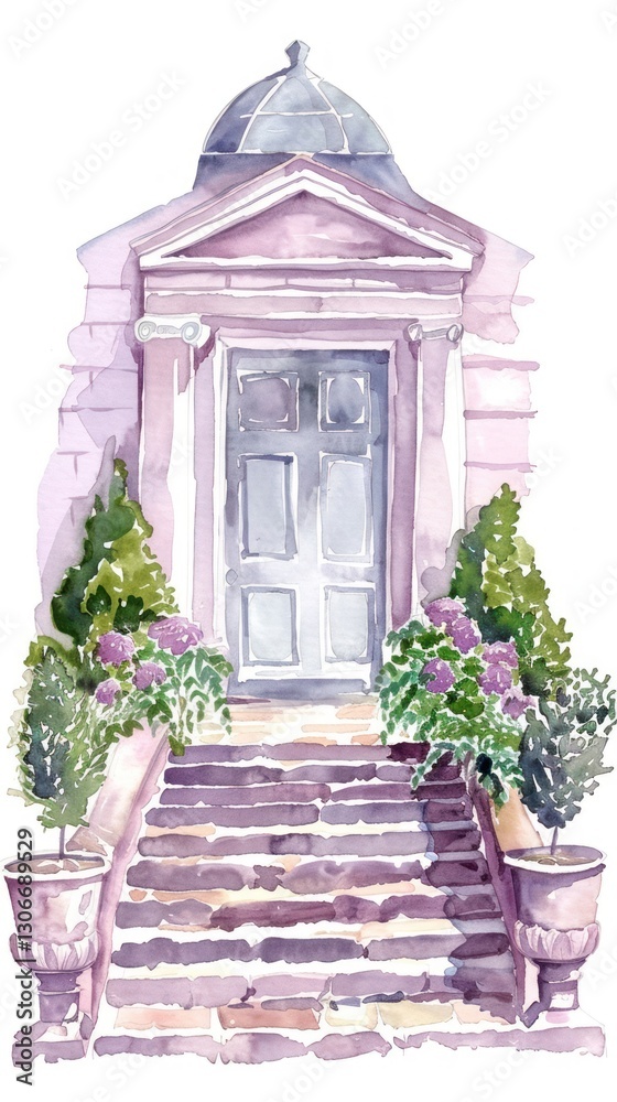Fototapeta premium Roman architecture plants illustration watercolor.