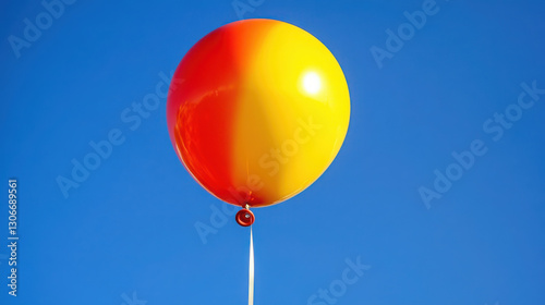A vibrant orange and yellow balloon floats against a clear blue sky.