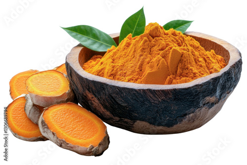 turmeric powder in wooden bowl with fresh turmeric root
