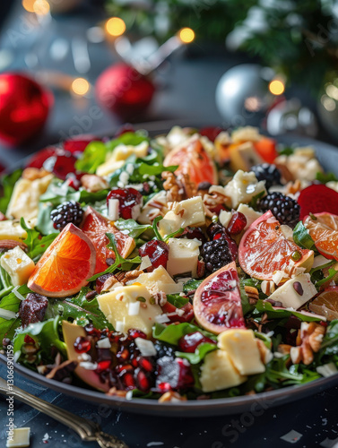 A vibrant salad featuring greens, fruits, nuts, and cheese, perfect for festive gatherings.