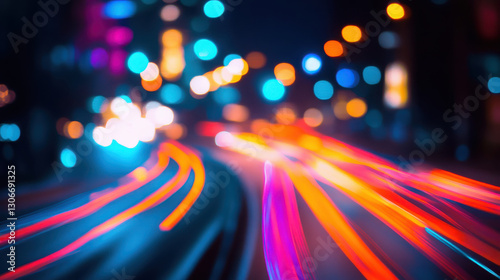 A vibrant, blurred city scene at night, showcasing colorful light trails from moving vehicles.