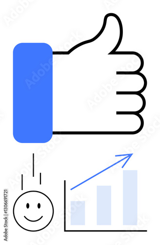 Thumbs up icon, smiling face, and increasing bar chart with arrow symbolize positive feedback, improvement, success. Ideal for progress, feedback, motivation, satisfaction growth rating flat