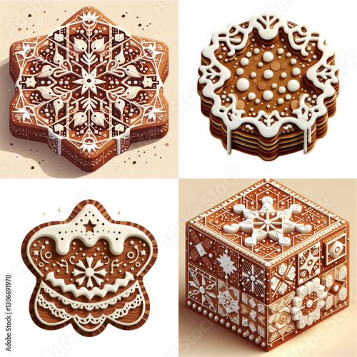Artistic collage of decorated gingerbread cookies in various shapes showcasing holiday spirit and creativity
