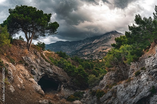 mysterious cave entrance in the mountains, capturing the full landscape including nearby trees and the cloudy sky
