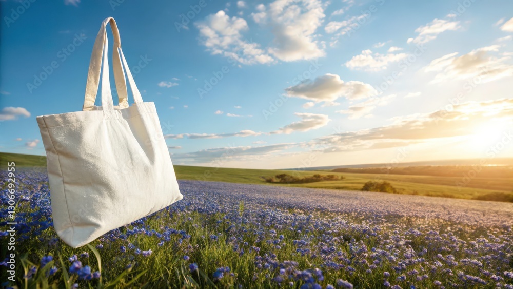 A pure white cloth shopper bag floats gently above a field of bluebells, their petals glowing under the warm, golden sunlight.