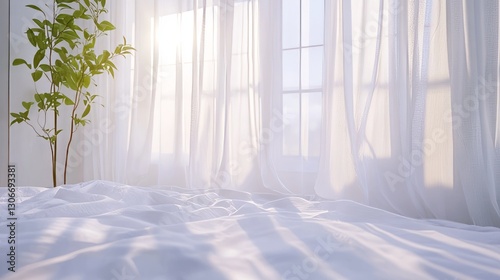Morning sunlight streaming through white curtains, calm and serene bedroom, minimal and bright, ultra-detailed, 4k