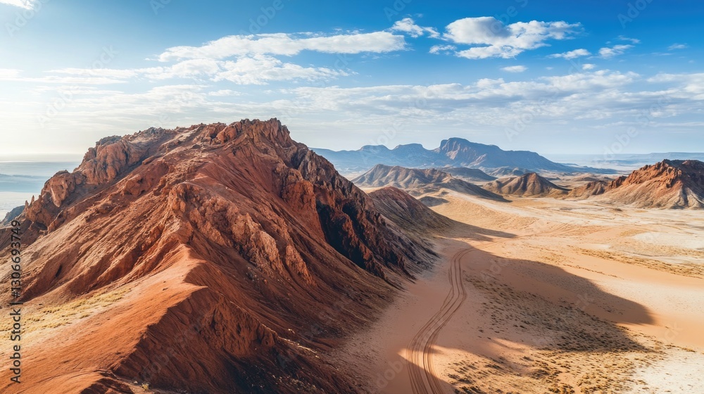 Fototapeta premium Scenic aerial view of dramatic mountainous desert terrain