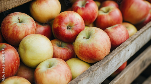 A wooden crate filled with fresh, red and green apples, showcasing natural produce.