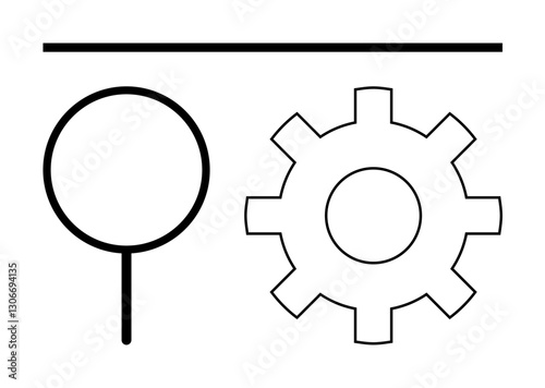 Magnifying glass and gear placed under a horizontal line, symbolizing exploration, process analysis, technical improvement. Ideal for innovation, search, workflow, problem-solving, process