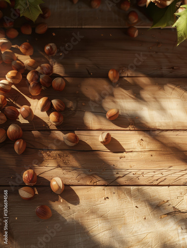 A wooden surface scattered with hazelnuts, showcasing natural textures and shadows.