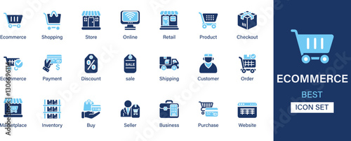 Ecommerce icon set collection. Shopping, store, online, retail, product, checkout, payment, discount, marketplace, inventory, buy, business. And solid icons.