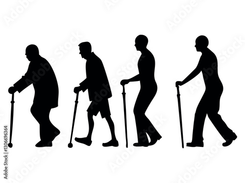 Elderly people using walking aid silhouette set collection. Senior pensioner people walking with walking aids vector silhouette