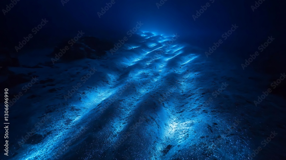 Obraz premium glowing underwater fiber optic cable casting bioluminescent light across deep sea floor representing tech infrastructure and oceanic communication