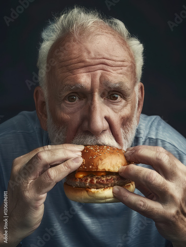 An elderly man prepares to eat a burger, conveying anticipation and enjoyment.