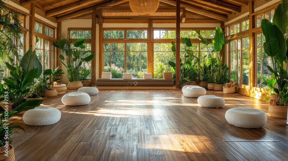 Fototapeta premium Serene Indoor Space with Natural Light, Green Plants, and Cozy Seating for Relaxation and Meditation Sessions