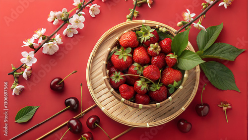 Japanese Seasonal Fruits – Fresh Strawberries and Cherries in a Bamboo Basket with Sakura Blossoms on a Red Background for Elegant Designs