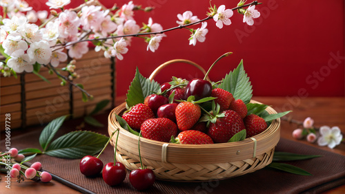 Japan's Fresh Harvest – Strawberries and Cherries in a Bamboo Basket with Sakura Blossoms for Traditional and Seasonal Design Inspirations