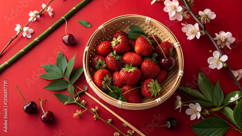 Japanese Spring Delight – Fresh Strawberries and Cherries in a Bamboo Basket with Sakura Blossoms on a Red Background for Seasonal and Cultural Designs
