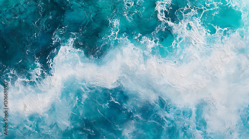 Foto Aerial View of Ocean Waves Crashing with Turbulent White Foam and Deep Blue Sea