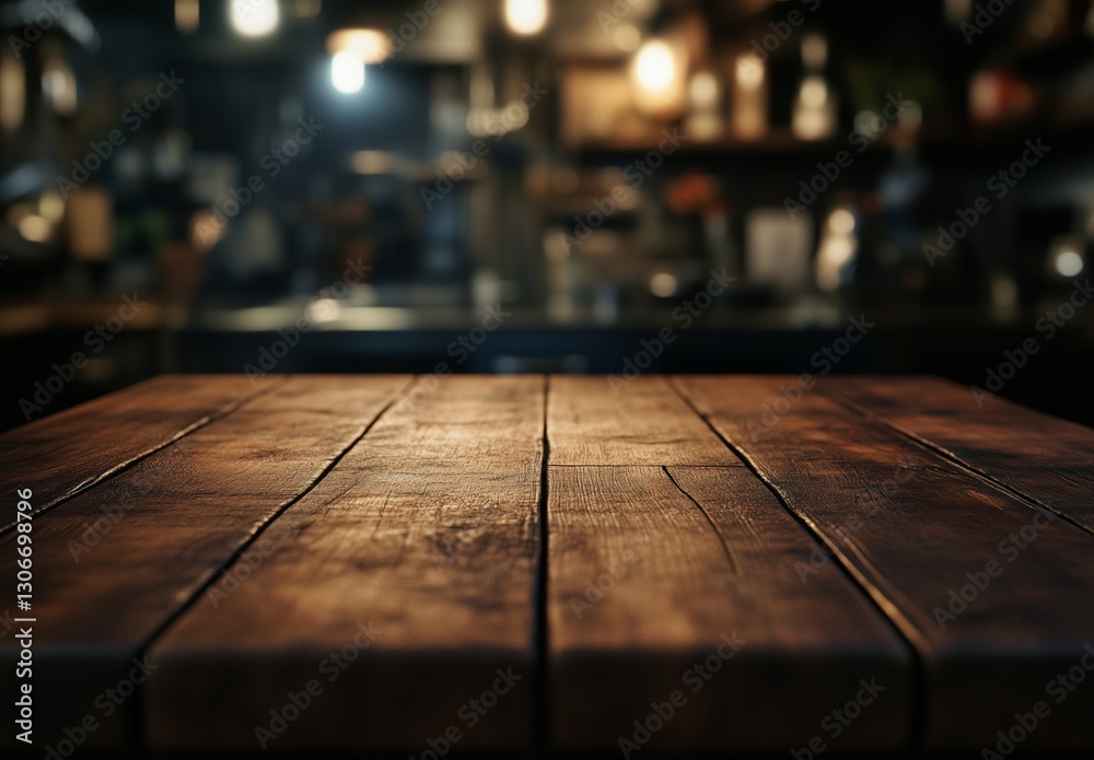Rustic wooden table in blurred restaurant background Rustic wooden table in blurred restaurant background
