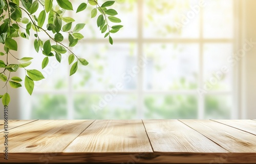 Wooden table top on blurred background of half curtained window.
