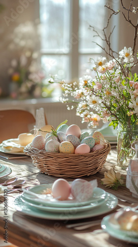 Festive Easter table setting with decorated eggs and floral centerpiece for a spring celebration, Vertical screen background.