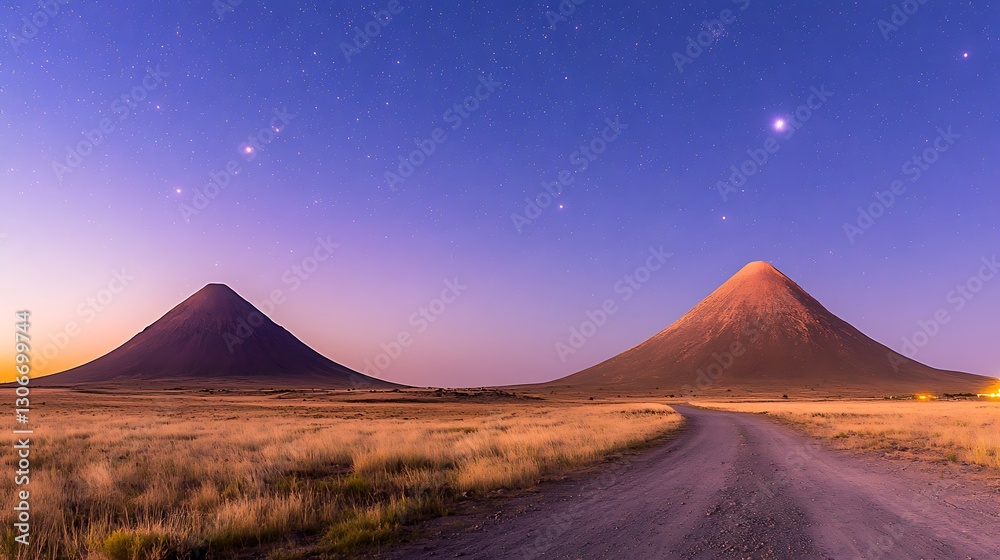 Scenic sunset view of two majestic volcanic mountains under a starry sky in a serene landscape