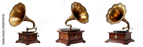 Antique Gramophones Display with Brass Horns and Wooden Bases
