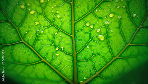 Green leaf with water droplets magnified under microscope, natural biology
