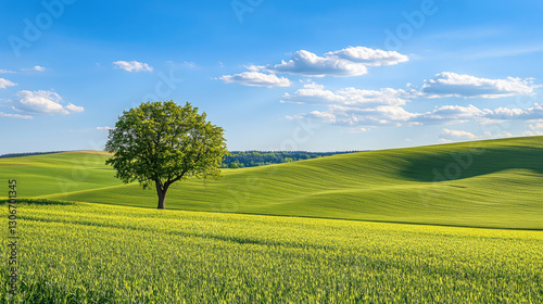 Lush green landscape with a solitary tree under a bright blue sky and scattered clouds.